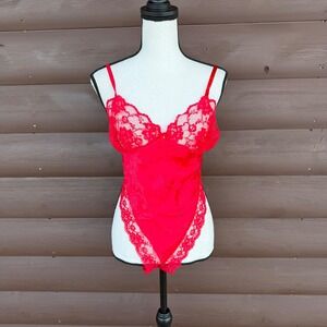 Vintage Intimate Moods Red Lace Teddy Bodysuit L Large Made in USA High Cut 80s